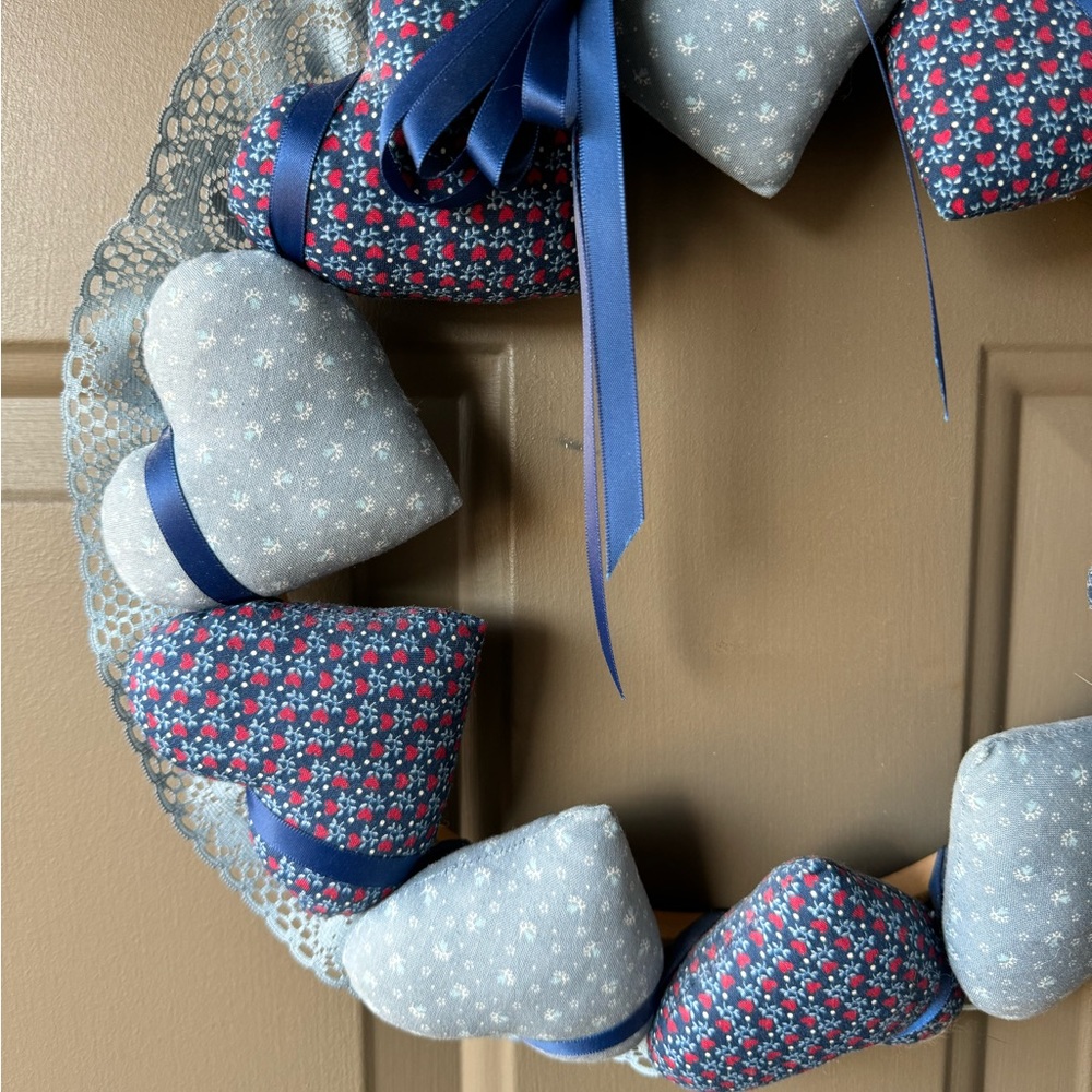Vintage Heart Wreath country fabric lace & bow Handmade Cottagecore Farmcore - Picture 4 of 13